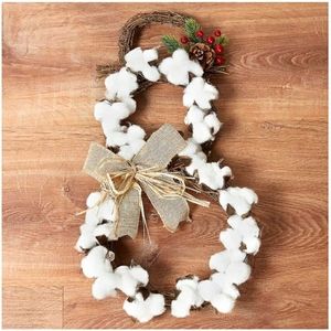 Snowman Wreath Country Cotton Boll Ball Decor with burlap bow New Cottage Cabin